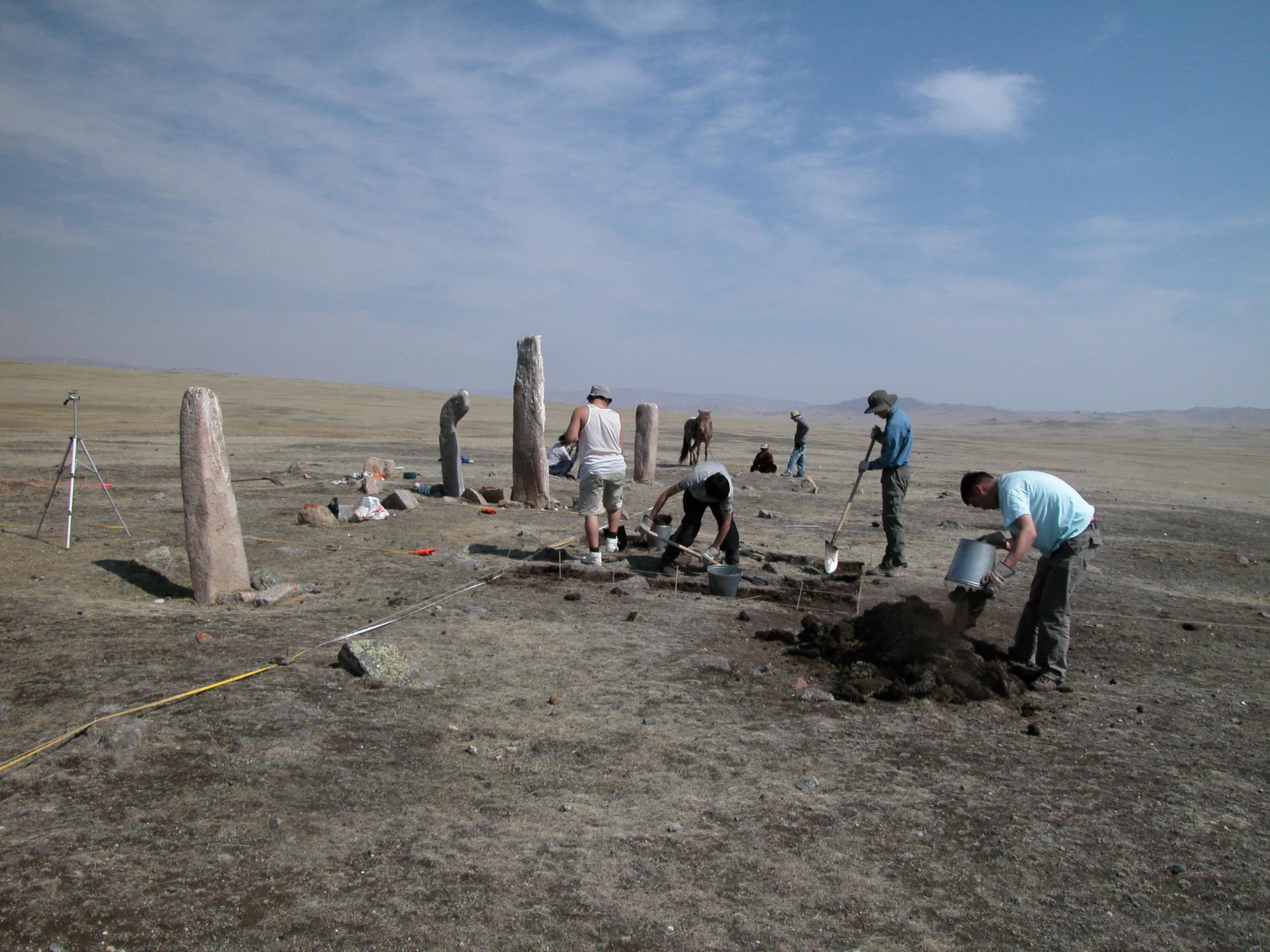 Bor Hujiriin Gol. Excavations at this deer stone site produced charcoal and teeth from sacrificed horse dating to 1000 B.C.E. The deer stone era lasted from 1300-700 B.C.E. Photo credit: William Fitzhugh.