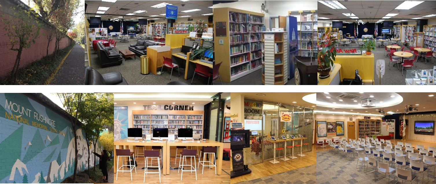 Before (top row) and after (bottom row) of the redesign of American Center Korea in Seoul, Korea. Photo credit: United States Government. Before (top row) and after (bottom row) of the redesign of American Center Korea in Seoul, Korea. Photo credit: United States Government.