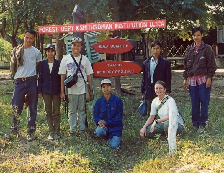 Mel Songer with Thamin Ecology Team members at Samaung Camp, Chatthin Wildlife Sanctuary, Myanmar. Photo credit Mel Songer.