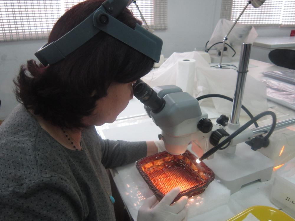 An Iraqi museum professional examines an artifact in the laboratory. 