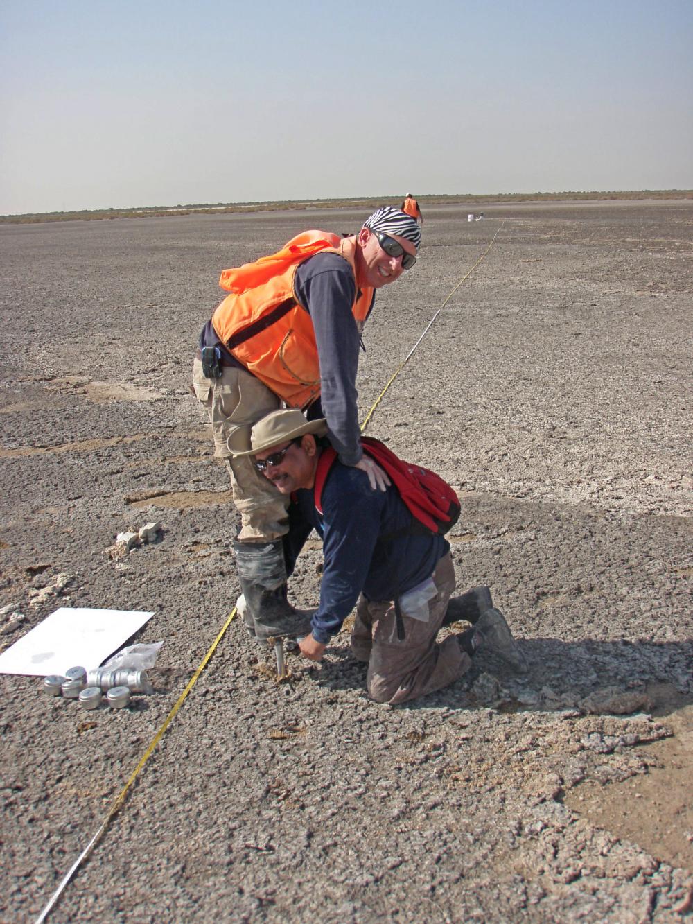 Dr. Das and Pat Megonigal work hard to collect a core from the coastal sabkha of Abu Dhabi. Photo credit Lisa Schile.